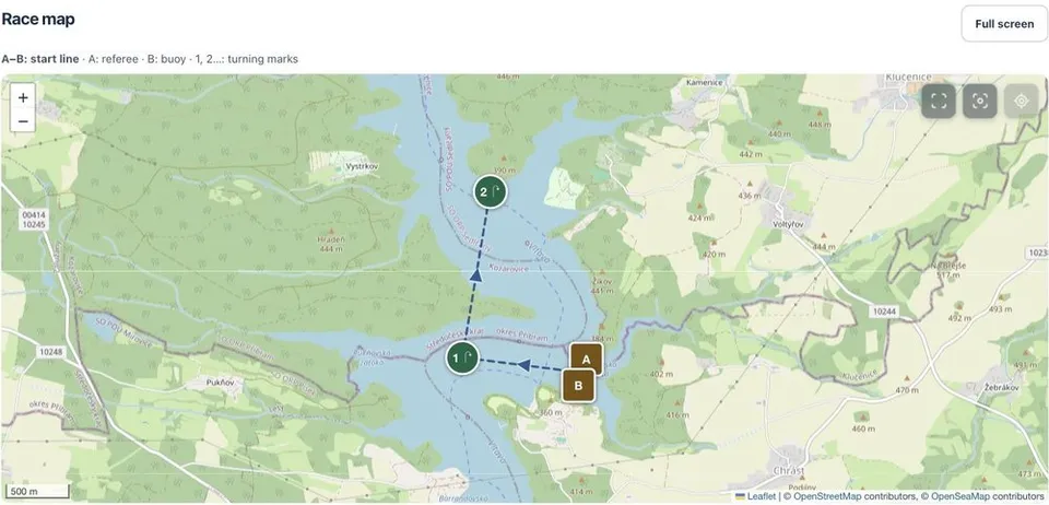 Veetr race map showing start line A–B and numbered course marks